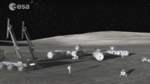 Representación de la Agencia Espacial Europea de la construcción de la aldea lunar