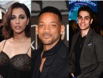 De izquierda a derecha, Naomi Scott, Will Smith y Mena Massoud De izquierda a derecha, Naomi Scott, Will Smith y Mena Massoud
