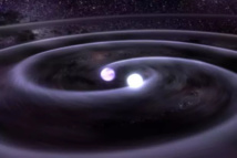 Representación artística de una fusión de dos estrellas de neutrones