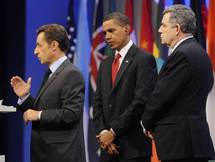 Nicolas Sarkozy, Barak Obama y Gordon Brown.