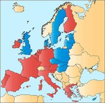 En color rojo, los países miembros del euro