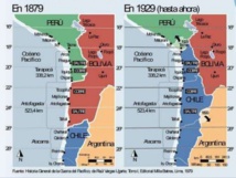 Dos mapas que muestran las fronteras entre Chile, Bolivia y Perú, en 1879-a la izquierda-y después de la guerra.