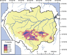 Un mapa de la cuenca del Amazonas con las zonas donde hubo asentamientos de color azul y morado.