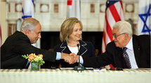 De izquierda a derecha, Netanyahu, Rodham Clinton y Abbas