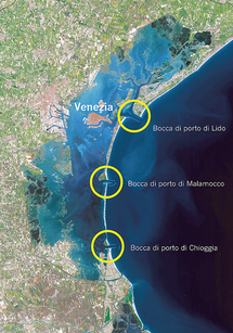 La laguna veneta, con los tres puntos señalados, por donde se cerrará al mar.