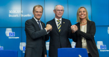 De izquierda a derecha, Donald Tusk, Herman Van Rompuy y Federica Mogherini