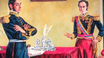 Un cuadro representa a San Martín-izquierda-y Bolívar Un cuadro representa a San Martín-izquierda-y Bolívar