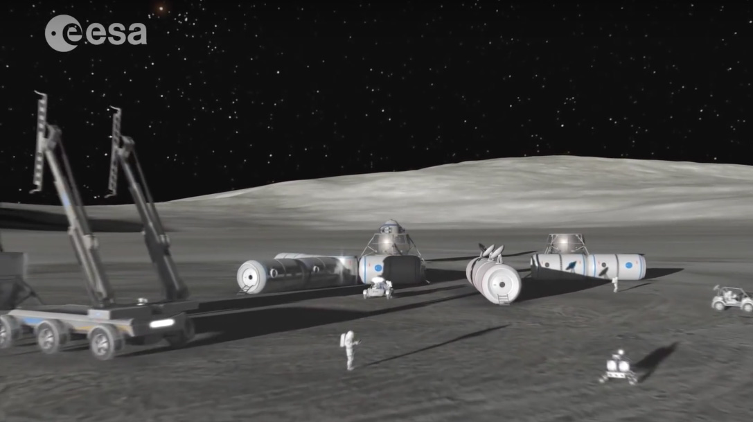 Representación de la Agencia Espacial Europea de la construcción de la aldea lunar