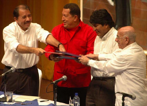 De izquierda a derecha Ortega, Chávez, Morales y Machado Ventura