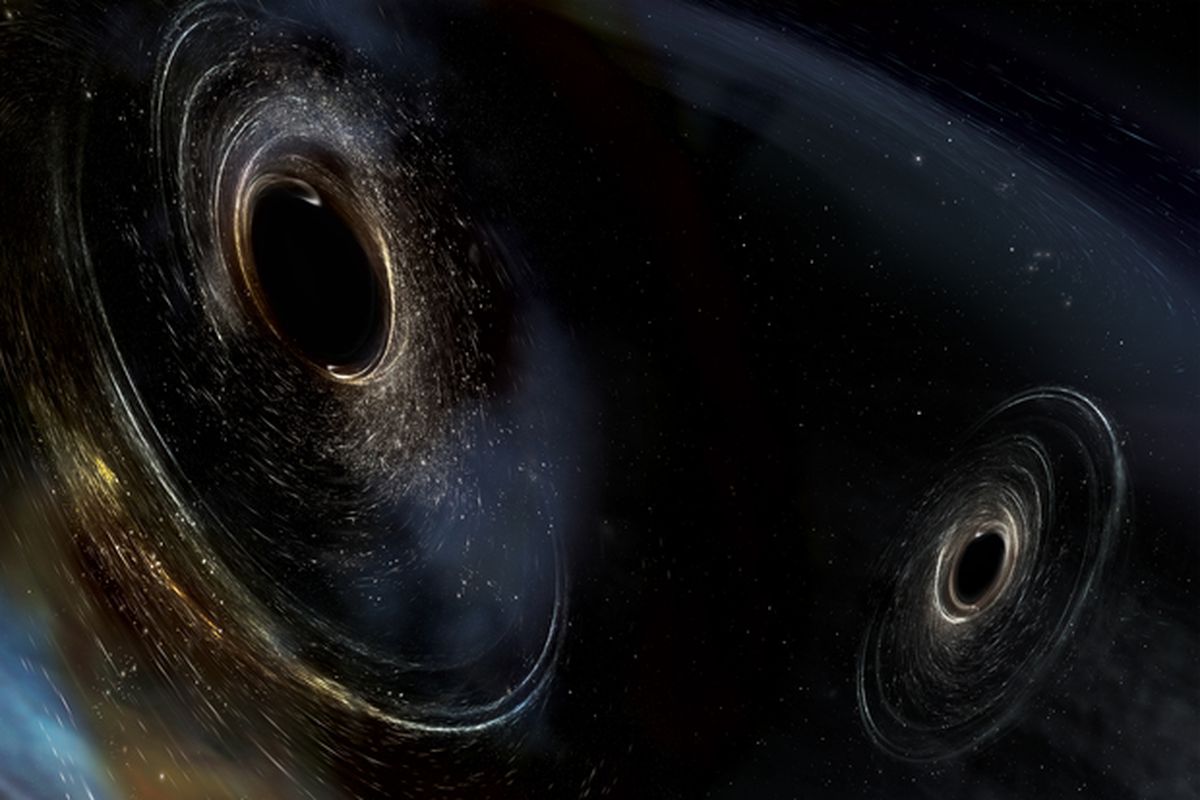 Representación de dos agujeros negros uniéndose