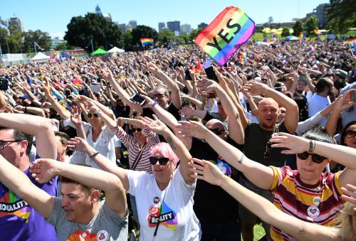 Manifestantes partidarios del matrimonio homosexual o lésbico en Australia