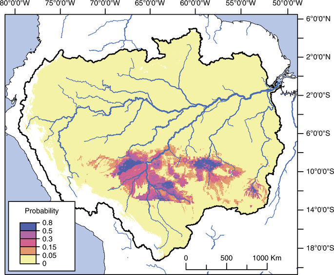 Un mapa de la cuenca del Amazonas con las zonas donde hubo asentamientos de color azul y morado.