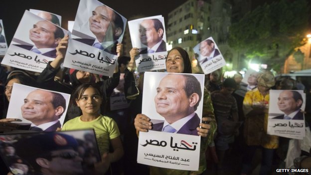 Manifestantes muestran carteles con la foto de Sisi