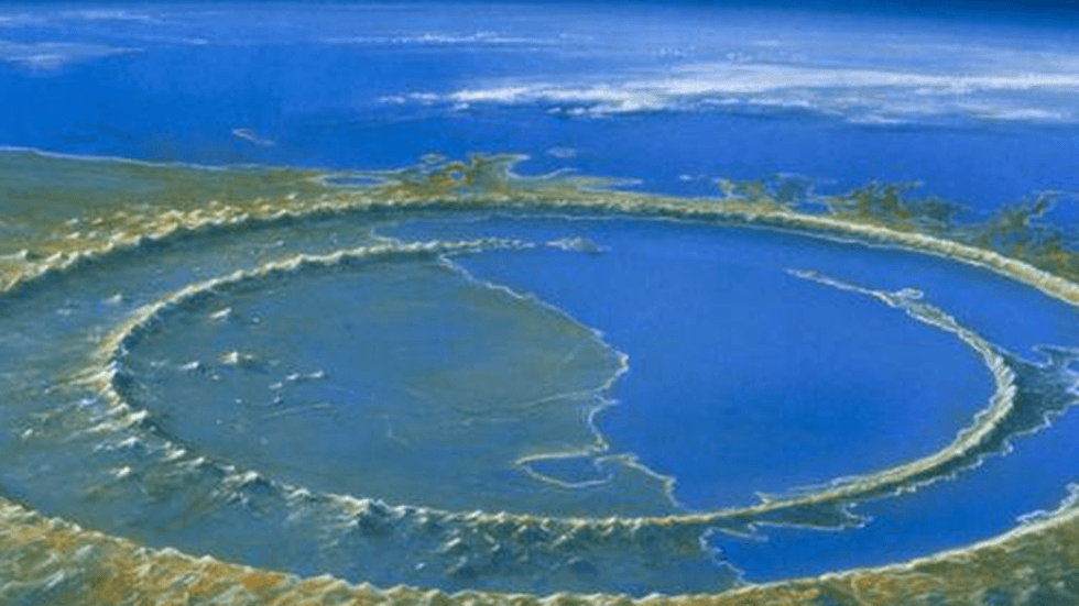 Representación del cráter producido por el meteoro sobre una imagen de la costa norte de la península de Yucatán